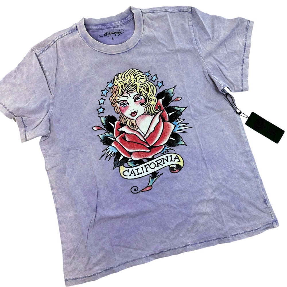 Ed Hardy Womens Purple Acid Wash California Rose Tattoo Graphic Tee‎ Punk Rock L